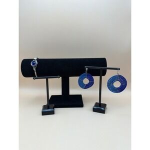 Blue Beaded Hoop Earrings and Cobalt Cabochon Bangle Bracelet Jewelry Set